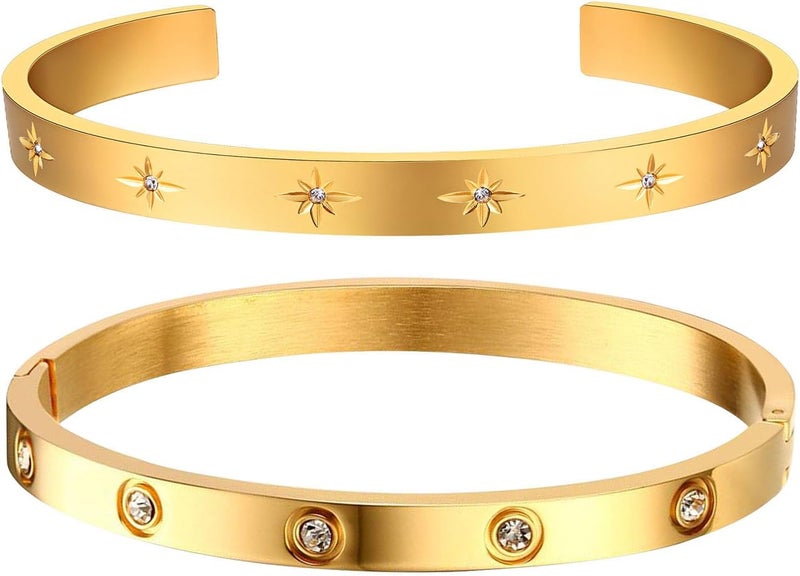 MPRAINBOW Gold Bracelets for Women, 2Pcs 18K Gold Plated Cubic Zirconia Bangle Crystal Friendship Bracelet Jewelry,Wedding Party Christmas Birthday Gifts for Her Girlfriend Sister Daughter - Image 1